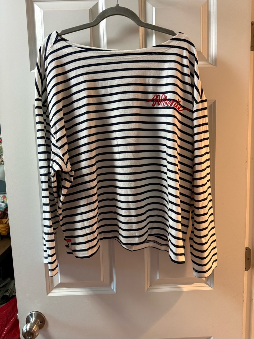 Old Navy White and Navy Striped Long-Sleeve Tee with Red Embroidered Script